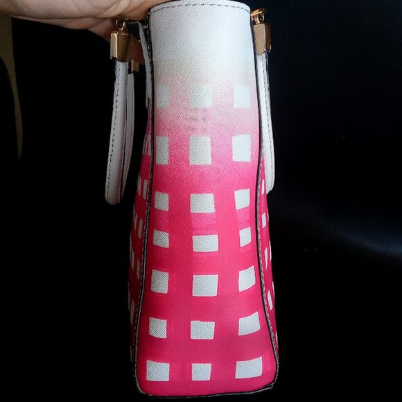 COACH | Madison Pink Check Gingham North-South Crossbody Leather Tote Handbag - Picture 5 of 16